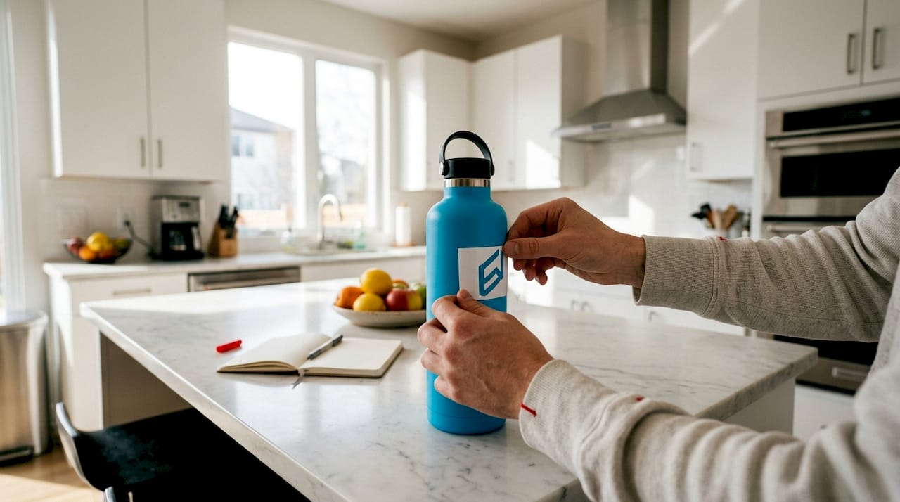Hands applying vinyl sticker on water bottle