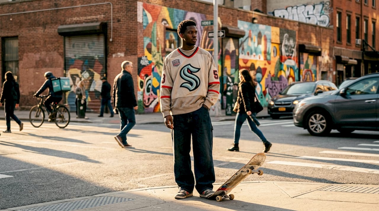 Young man modeling 2026 streetwear on urban street