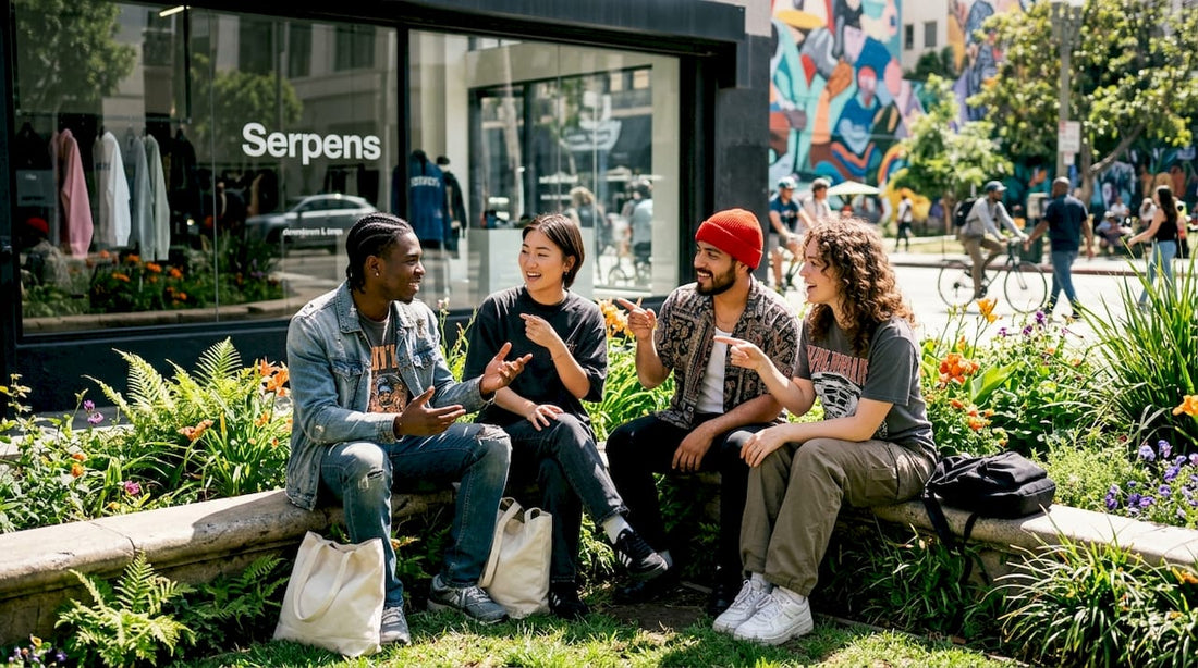 Diverse group outside streetwear store discussing latest drops