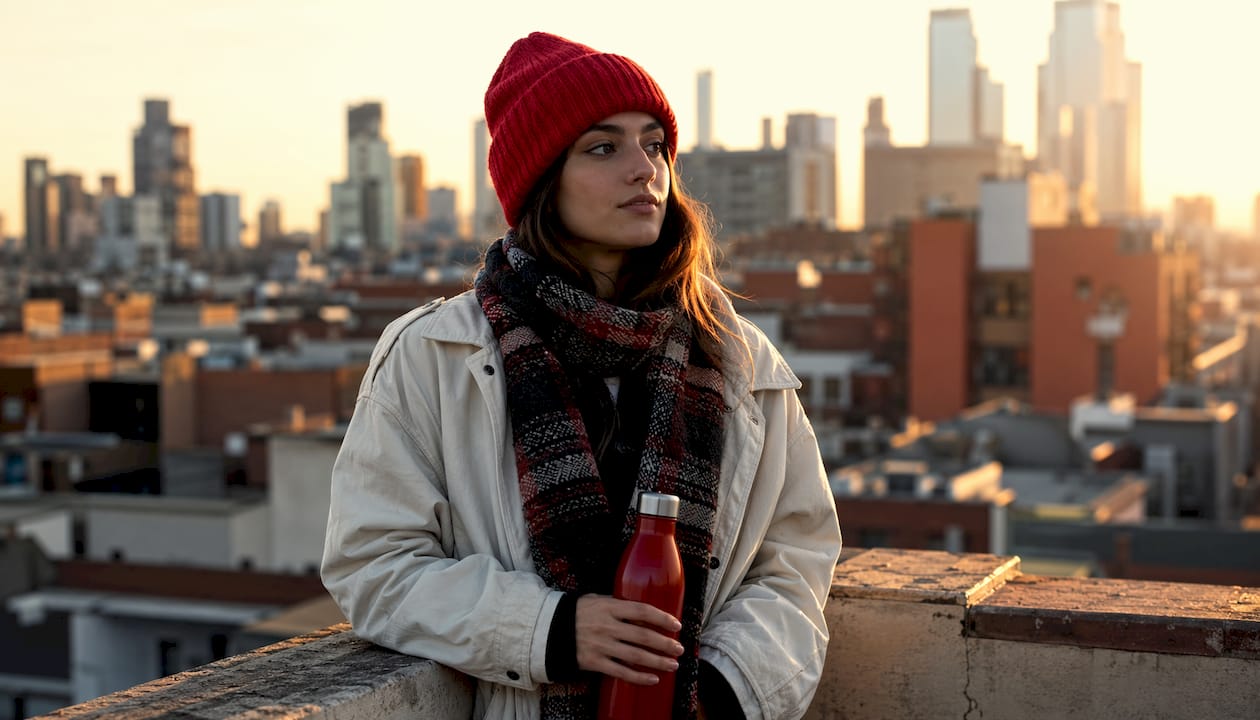 Woman wearing fitted beanie on city street