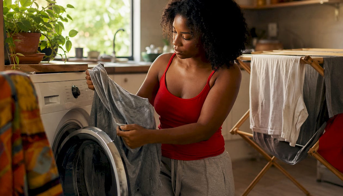 Woman removing hoodie from washer in laundry room
